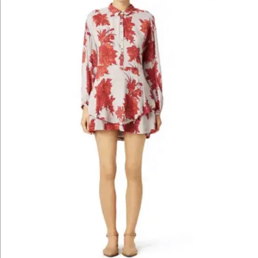 Free People Shake It Mini Dress Gray & Red Floral Long Sleeve Small Oversized - Picture 3 of 6